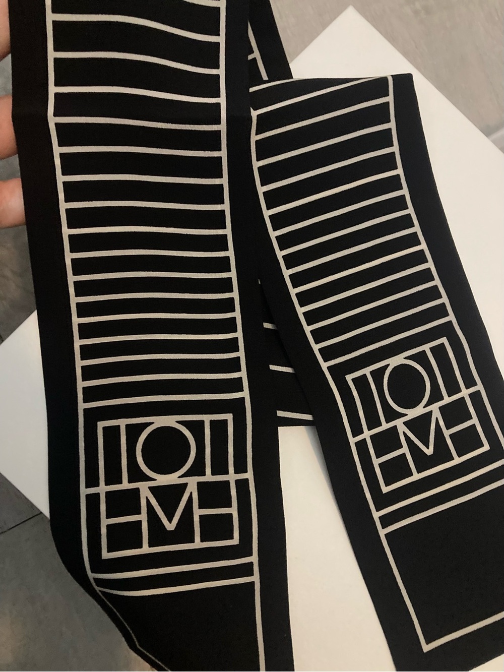 Toteme Black Scarf with Cream Geometric Stripe Design